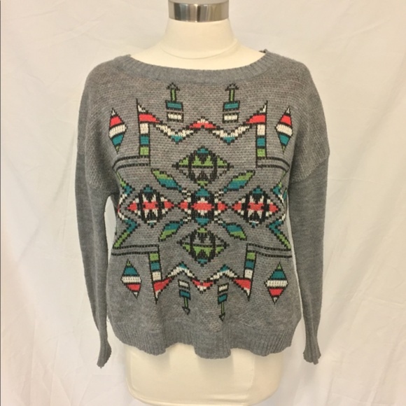 Wet Seal Gray Oversized Tribal Print Sweater Extra Small - Picture 1 of 4